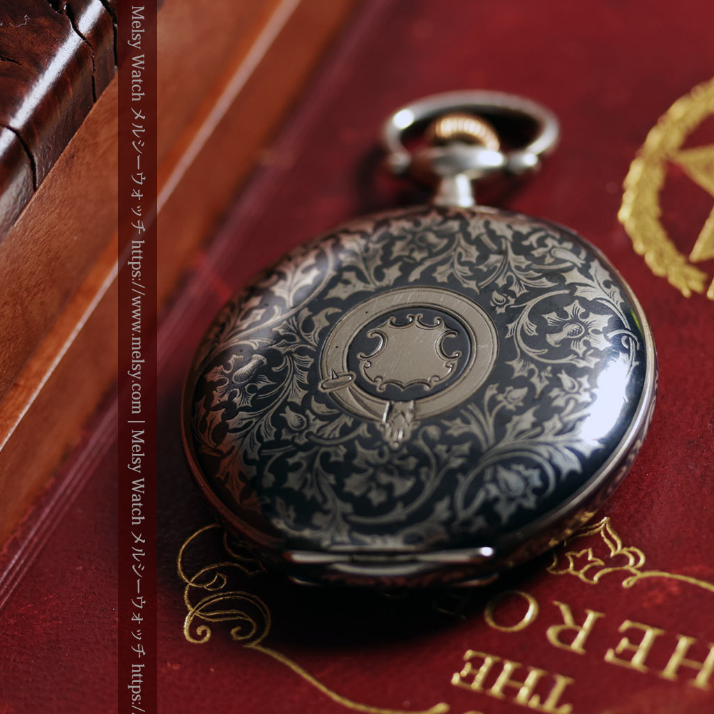 ニエロ黒金装飾と変わり文字盤 ウォルサムの銀無垢アンティーク懐中時計 【1895年頃】-P2417-1