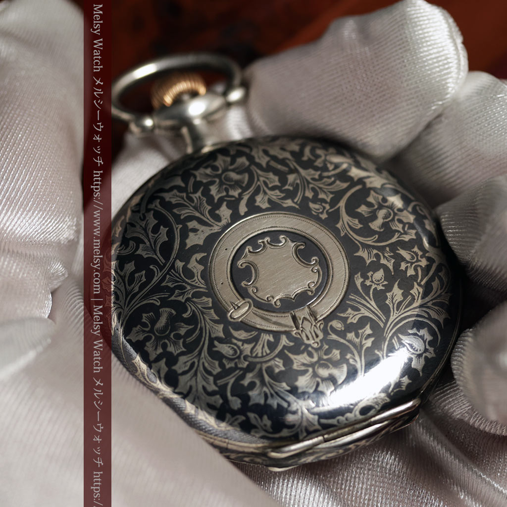 ニエロ黒金装飾と変わり文字盤 ウォルサムの銀無垢アンティーク懐中時計 【1895年頃】-P2417-16