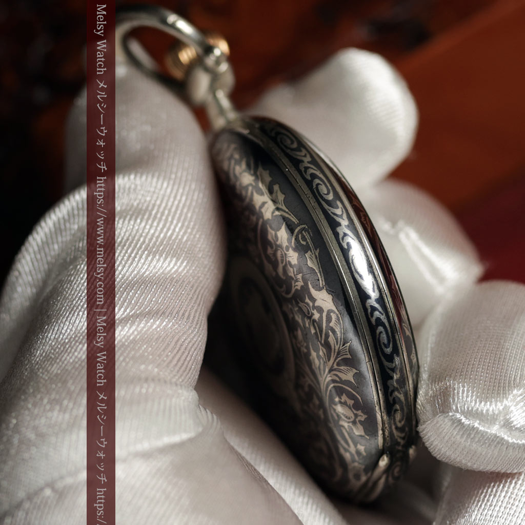 ニエロ黒金装飾と変わり文字盤 ウォルサムの銀無垢アンティーク懐中時計 【1895年頃】-P2417-17