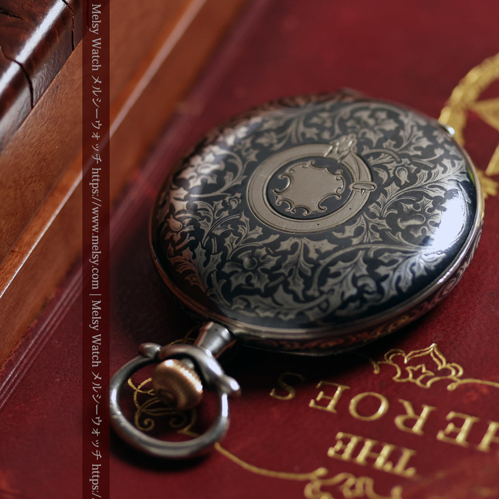 ニエロ黒金装飾と変わり文字盤 ウォルサムの銀無垢アンティーク懐中時計 【1895年頃】-P2417-3