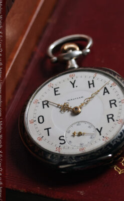 ニエロ黒金装飾と変わり文字盤 ウォルサムの銀無垢アンティーク懐中時計 【1895年頃】-P2417-4