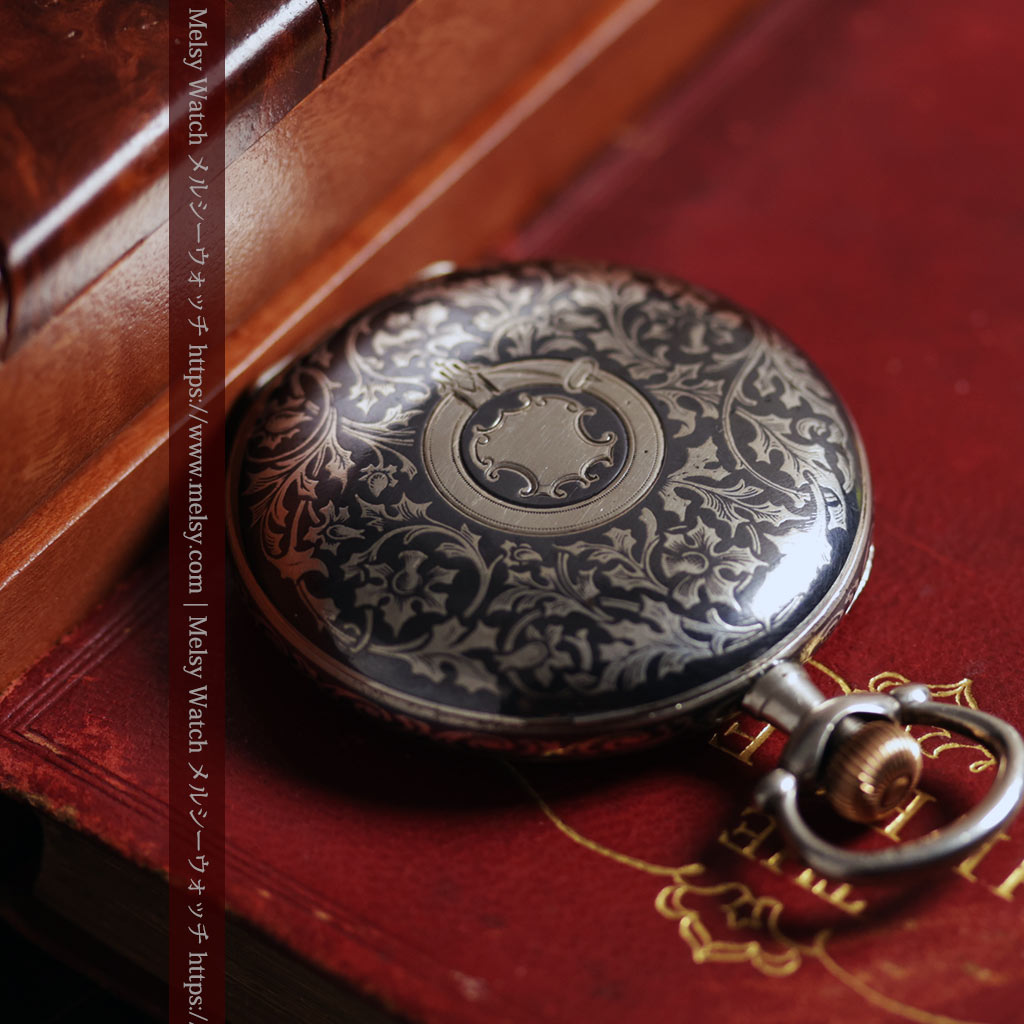 ニエロ黒金装飾と変わり文字盤 ウォルサムの銀無垢アンティーク懐中時計 【1895年頃】-P2417-5