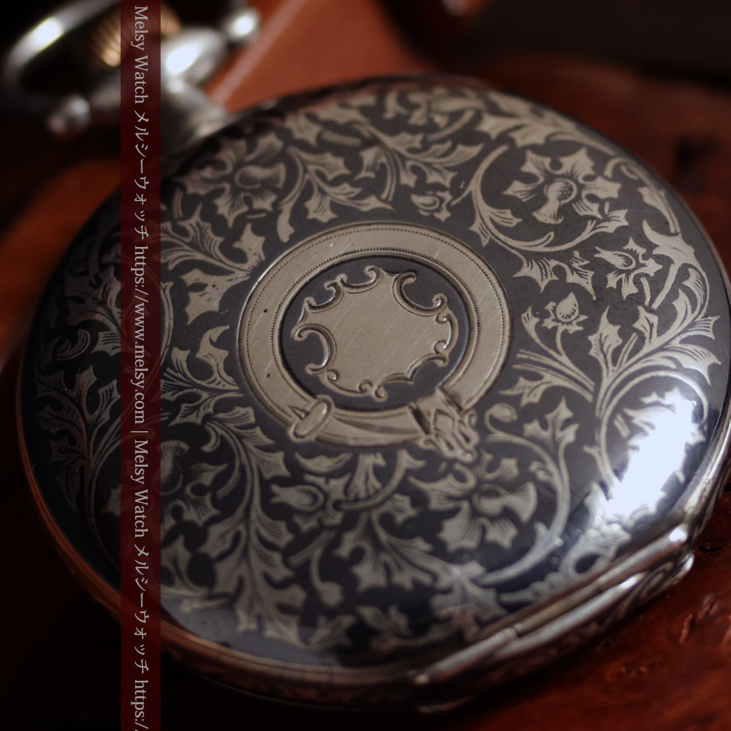 ニエロ黒金装飾と変わり文字盤 ウォルサムの銀無垢アンティーク懐中時計 【1895年頃】-P2417-6