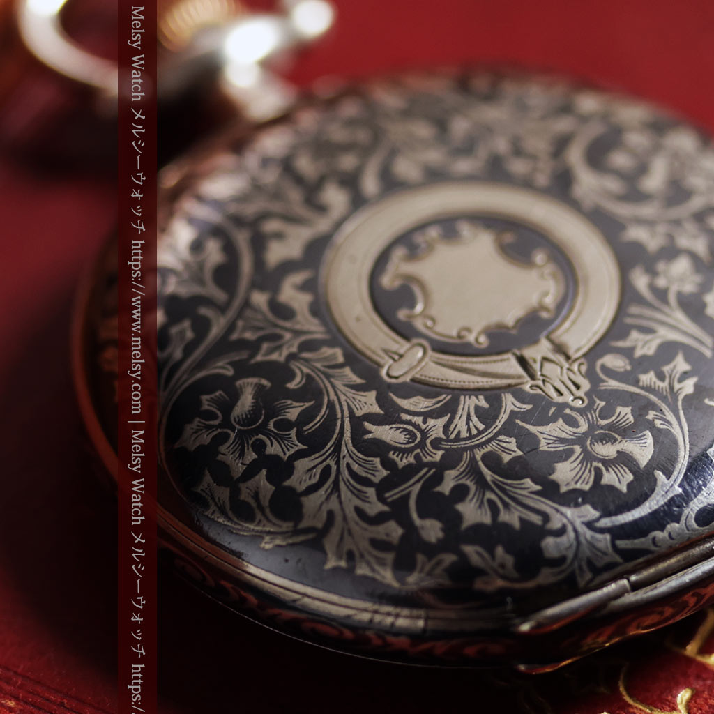 ニエロ黒金装飾と変わり文字盤 ウォルサムの銀無垢アンティーク懐中時計 【1895年頃】-P2417-7