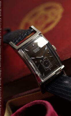 鈍色と銀の美しいカーベックス 曲線を描くグリュエンのアンティーク腕時計 【1940年頃】箱・ベルト付き-W1691-10