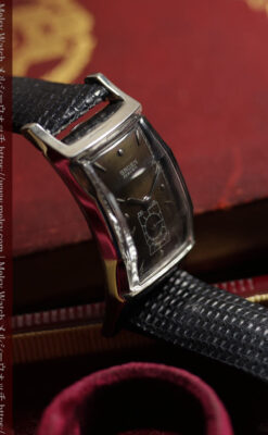 鈍色と銀の美しいカーベックス 曲線を描くグリュエンのアンティーク腕時計 【1940年頃】箱・ベルト付き-W1691-11