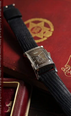 鈍色と銀の美しいカーベックス 曲線を描くグリュエンのアンティーク腕時計 【1940年頃】箱・ベルト付き-W1691-12