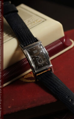 鈍色と銀の美しいカーベックス 曲線を描くグリュエンのアンティーク腕時計 【1940年頃】箱・ベルト付き-W1691-15