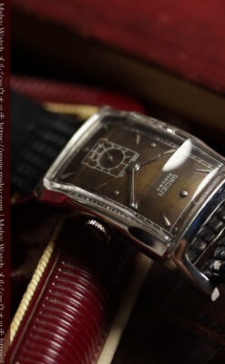 鈍色と銀の美しいカーベックス 曲線を描くグリュエンのアンティーク腕時計 【1940年頃】箱・ベルト付き-W1691-16