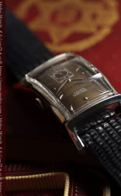 鈍色と銀の美しいカーベックス 曲線を描くグリュエンのアンティーク腕時計 【1940年頃】箱・ベルト付き-W1691-17