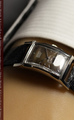 鈍色と銀の美しいカーベックス 曲線を描くグリュエンのアンティーク腕時計 【1940年頃】箱・ベルト付き-W1691-2