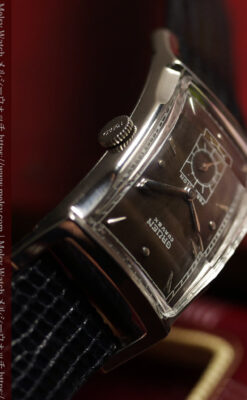 鈍色と銀の美しいカーベックス 曲線を描くグリュエンのアンティーク腕時計 【1940年頃】箱・ベルト付き-W1691-22