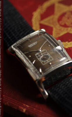 鈍色と銀の美しいカーベックス 曲線を描くグリュエンのアンティーク腕時計 【1940年頃】箱・ベルト付き-W1691-23