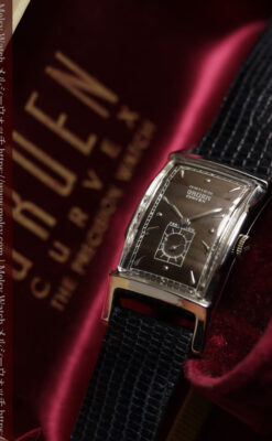 鈍色と銀の美しいカーベックス 曲線を描くグリュエンのアンティーク腕時計 【1940年頃】箱・ベルト付き-W1691-3