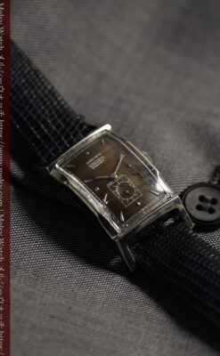 鈍色と銀の美しいカーベックス 曲線を描くグリュエンのアンティーク腕時計 【1940年頃】箱・ベルト付き-W1691-30