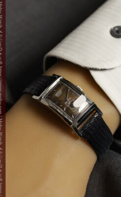 鈍色と銀の美しいカーベックス 曲線を描くグリュエンのアンティーク腕時計 【1940年頃】箱・ベルト付き-W1691-32