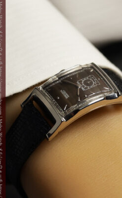 鈍色と銀の美しいカーベックス 曲線を描くグリュエンのアンティーク腕時計 【1940年頃】箱・ベルト付き-W1691-33