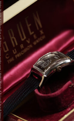 鈍色と銀の美しいカーベックス 曲線を描くグリュエンのアンティーク腕時計 【1940年頃】箱・ベルト付き-W1691-4