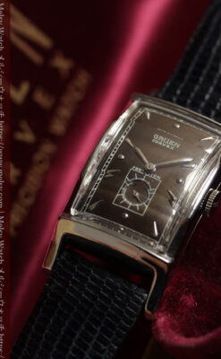 鈍色と銀の美しいカーベックス 曲線を描くグリュエンのアンティーク腕時計 【1940年頃】箱・ベルト付き-W1691-7