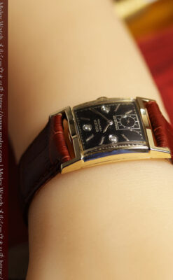 ３点のダイヤと黒い文字盤 グリュエンのアンティーク腕時計 【1950年頃】-W1692-16