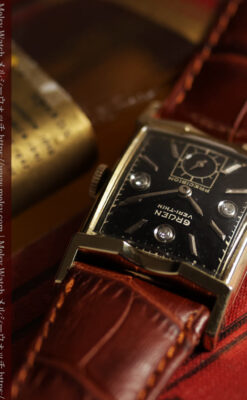 ３点のダイヤと黒い文字盤 グリュエンのアンティーク腕時計 【1950年頃】-W1692-7