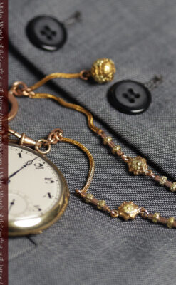 ロンジン 18金&銀地のアンティーク懐中時計 装飾チェーン&ケース付き【1933年頃】フランス由来-P2419-21