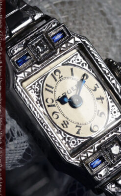 グリュエン 青の宝石とダイヤモンド 美しさが際立つ金無垢アンティーク腕時計 【1920年頃】箱付き-W1695-1
