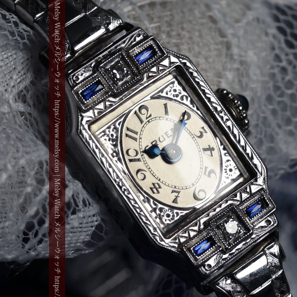 グリュエン 青の宝石とダイヤモンド 美しさが際立つ金無垢アンティーク腕時計 【1920年頃】箱付き-W1695-1