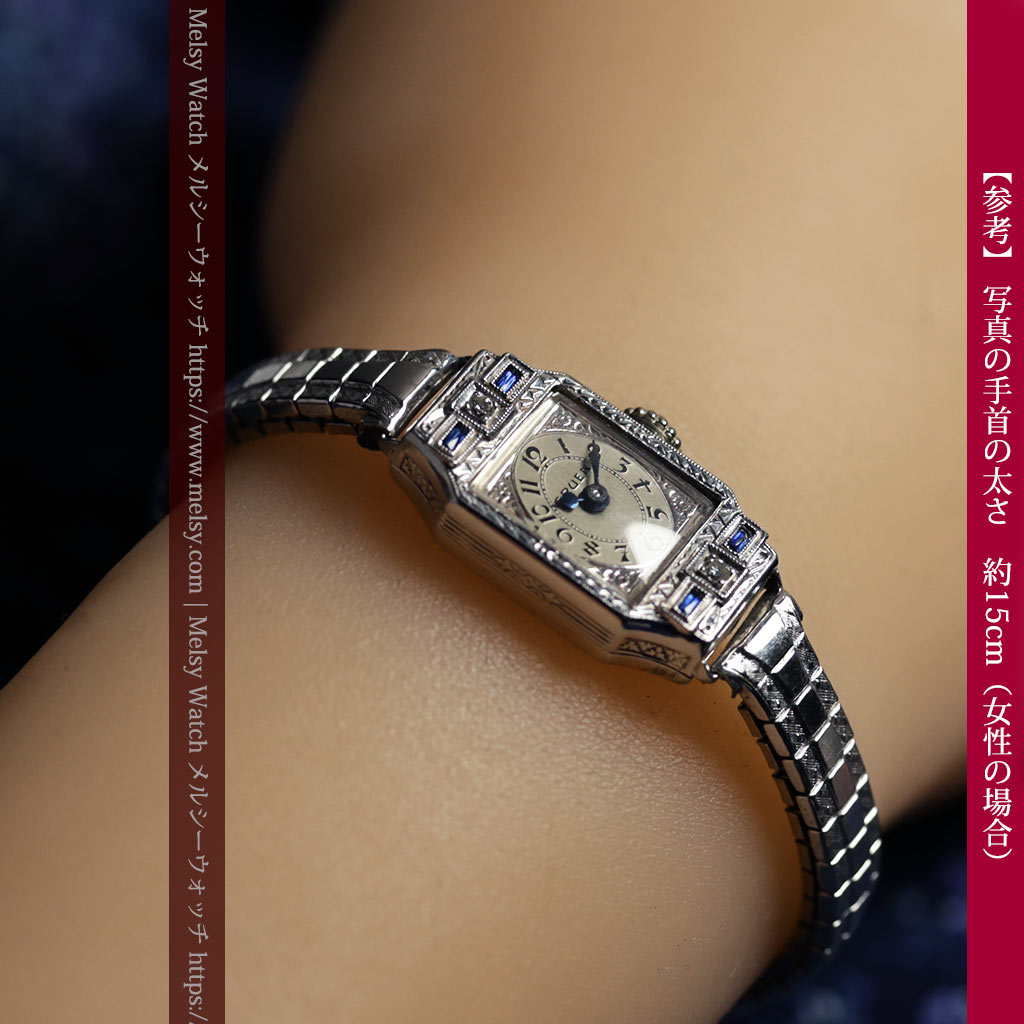 グリュエン 青の宝石とダイヤモンド 美しさが際立つ金無垢アンティーク腕時計 【1920年頃】箱付き-W1695-20