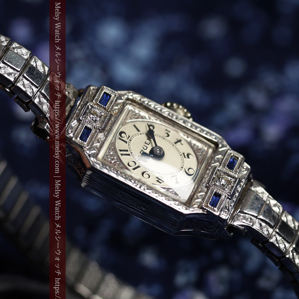 グリュエン 青の宝石とダイヤモンド 美しさが際立つ金無垢アンティーク腕時計 【1920年頃】箱付き-W1695-4