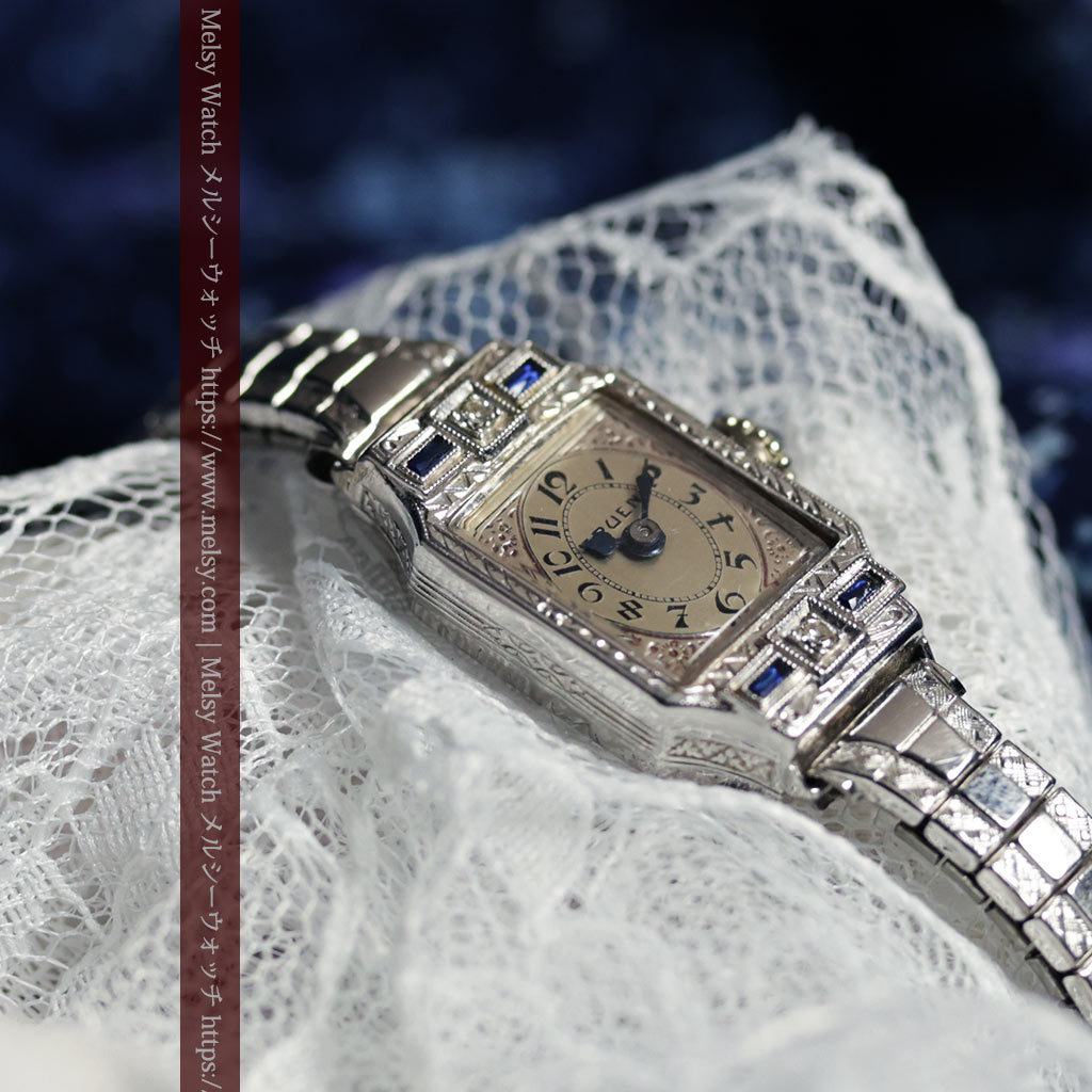 グリュエン 青の宝石とダイヤモンド 美しさが際立つ金無垢アンティーク腕時計 【1920年頃】箱付き-W1695-6
