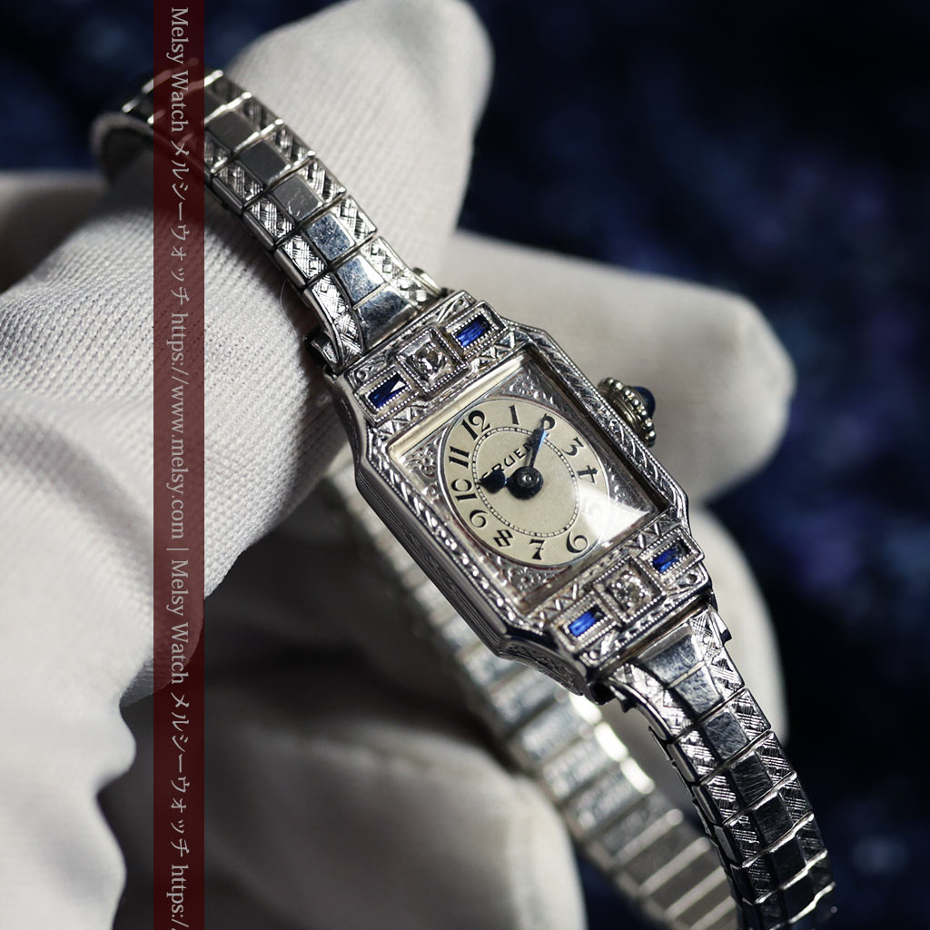 グリュエン 青の宝石とダイヤモンド 美しさが際立つ金無垢アンティーク腕時計 【1920年頃】箱付き-W1695-8