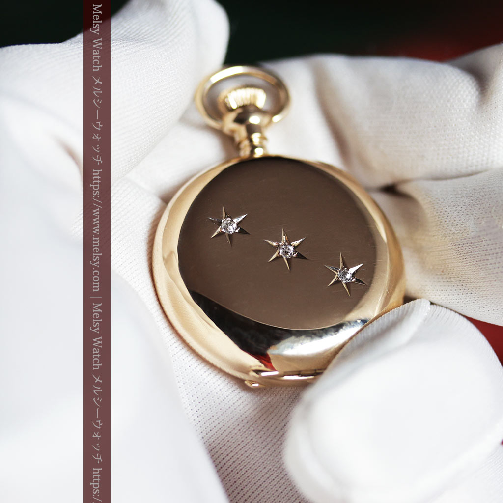 ダイヤモンドの3連星にMのイニシャル 美しい文字盤のウォルサムの金無垢懐中時計 【1901年頃】-P2421-16