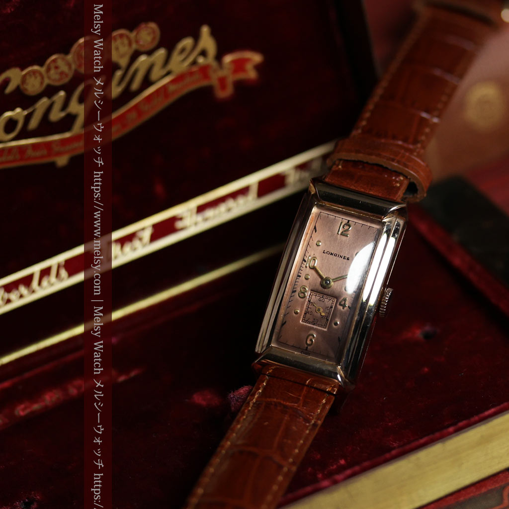 ロンジン 品格と風格漂うローズゴールドの縦長カーブ 金無垢アンティーク腕時計【1942年頃】箱付き-W1706-1