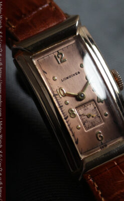 ロンジン 品格と風格漂うローズゴールドの縦長カーブ 金無垢アンティーク腕時計【1942年頃】箱付き-W1706-13