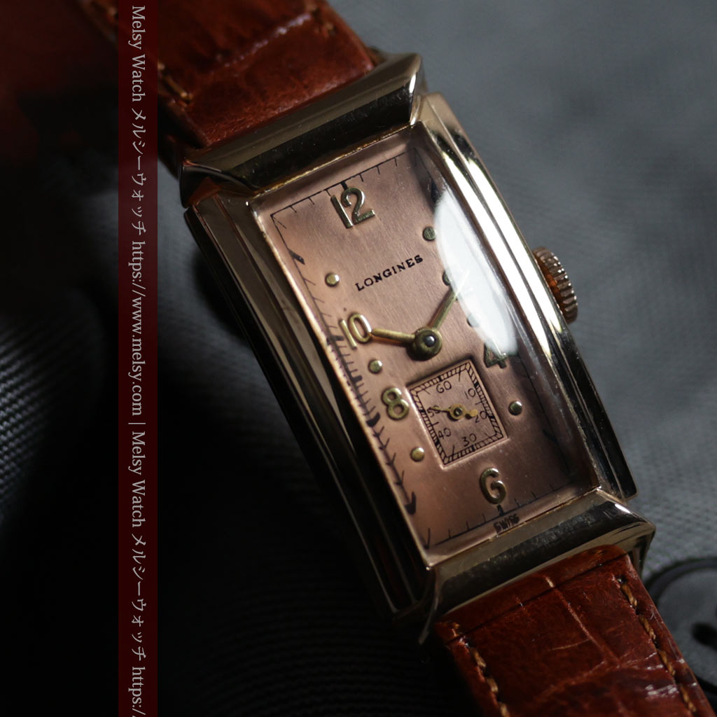 ロンジン 品格と風格漂うローズゴールドの縦長カーブ 金無垢アンティーク腕時計【1942年頃】箱付き-W1706-13