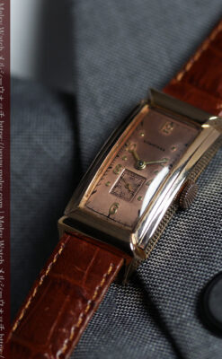 ロンジン 品格と風格漂うローズゴールドの縦長カーブ 金無垢アンティーク腕時計【1942年頃】箱付き-W1706-14