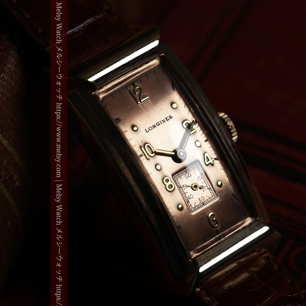 ロンジン 品格と風格漂うローズゴールドの縦長カーブ 金無垢アンティーク腕時計【1942年頃】箱付き-W1706-17