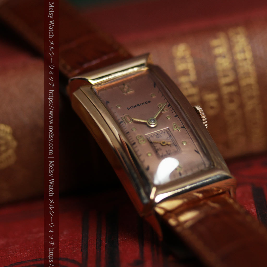 ロンジン 品格と風格漂うローズゴールドの縦長カーブ 金無垢アンティーク腕時計【1942年頃】箱付き-W1706-9