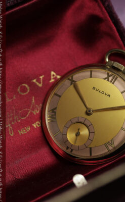 ブローバ 金と桜色の文字盤を持つ昭和レトロなアンティーク懐中時計 【1940年製】箱付き-P2180-2