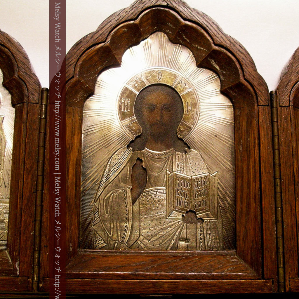 銀板にキリストと二聖人が彫られた三連祭壇画イコン 【1898年頃のロシア製】