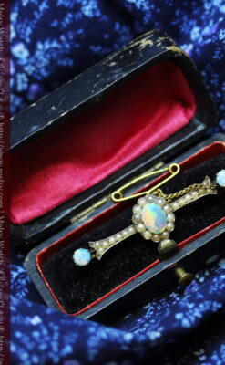 オパールと真珠の15金アンティークブローチ-A0208-12