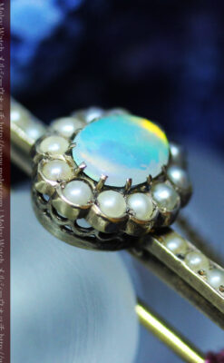 オパールと真珠の15金アンティークブローチ-A0208-8
