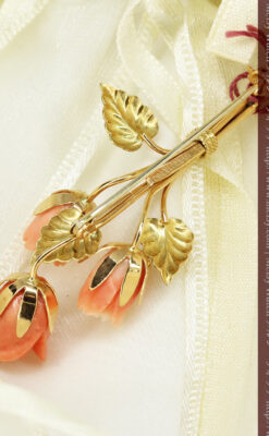 薔薇の花のエンジェルスキンコーラルの金無垢ブローチ-A0233-5