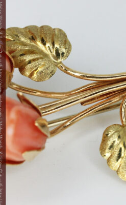 薔薇の花のエンジェルスキンコーラルの金無垢ブローチ-A0233-9