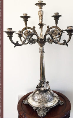 英国ロンドン・ビクトリア朝期の豪華な銀の燭台-A0252-1