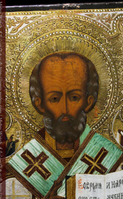 ミラの聖ニコラオ・ニコラウスを描いた木板イコン/聖画像・テンペラ 【19世紀後半のロシア製】-A0273-12