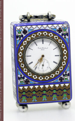 ロシア帝国時代のエナメル装飾された銀の置時計 皇帝御用達モロゾフ製【1860年頃】-A0303-1