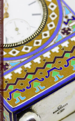 ロシア帝国時代のエナメル装飾された銀の置時計 皇帝御用達モロゾフ製【1860年頃】-A0303-13