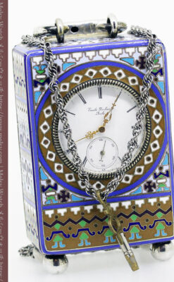 ロシア帝国時代のエナメル装飾された銀の置時計 皇帝御用達モロゾフ製【1860年頃】-A0303-5